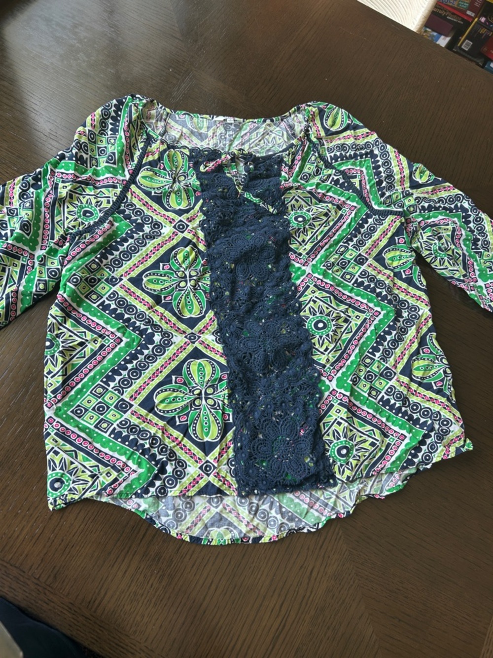 crown & ivy Green, Navy & Pink Patterned Blouse with Lace Panel